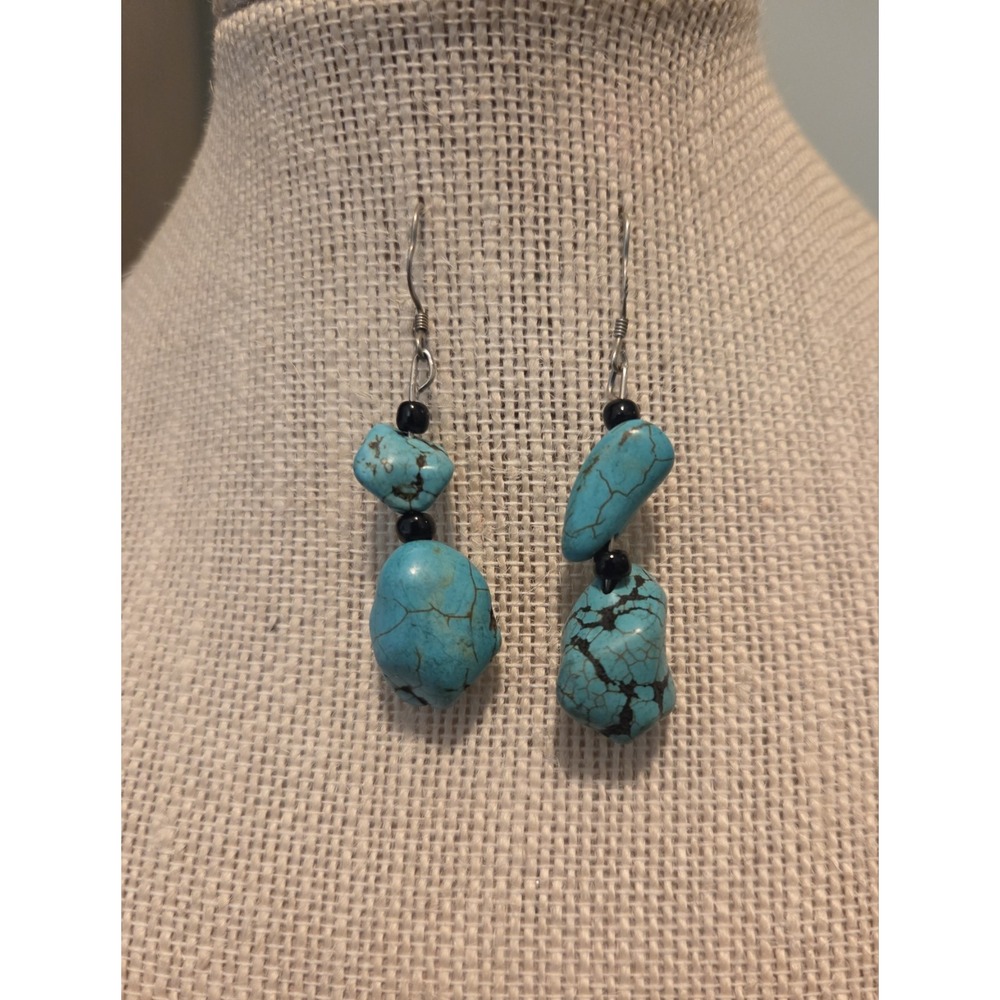 Sterling Silver & Large Turquoise Stone Earrings 925